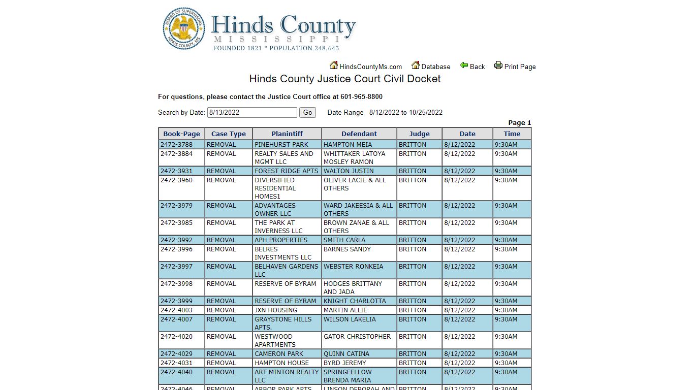 Hinds County Justice Court Civil Docket